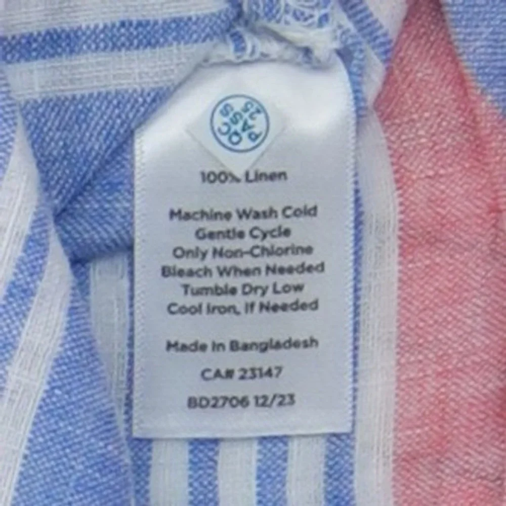 NWT Talbots 100% Linen Blouse Women's Size Large White Blue Coral Striped Henley